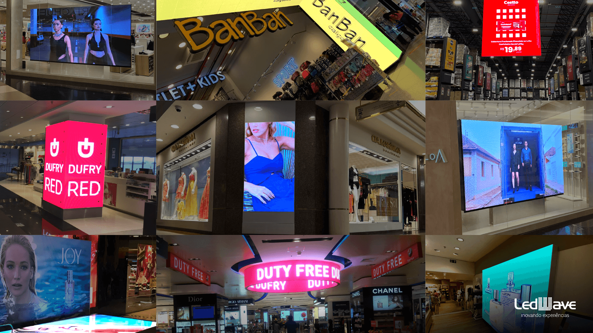 Fachada com painel de LED em contexto comercial