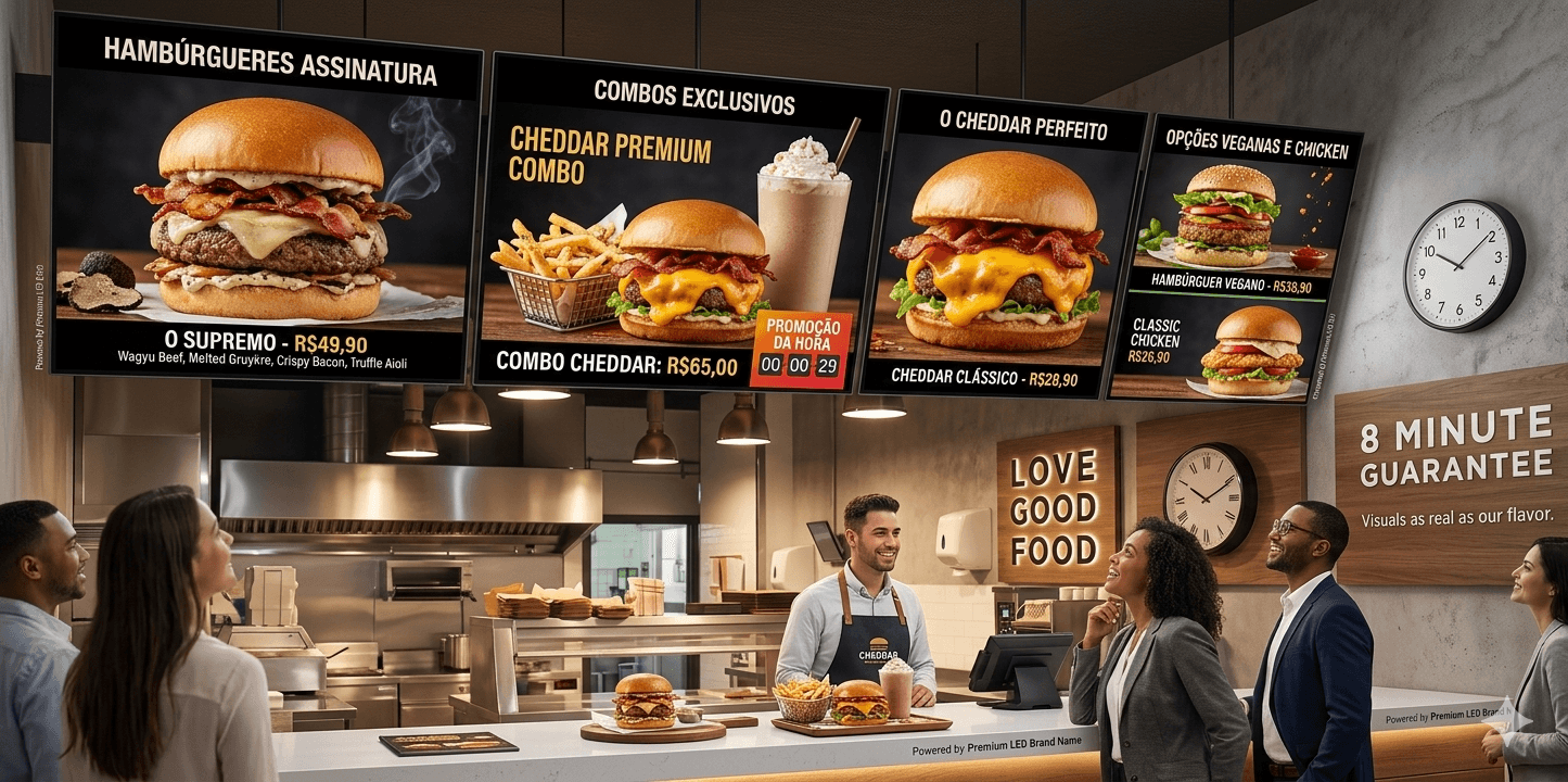 Restaurante com painel de LED em contexto comercial