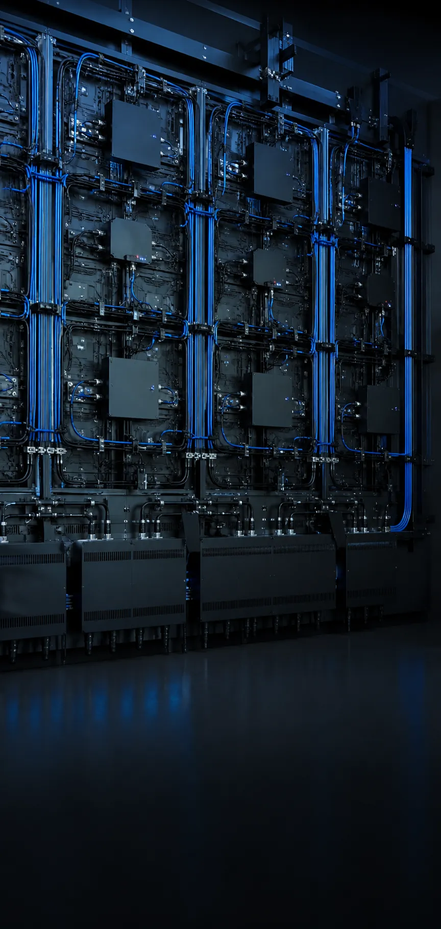 Parte técnica de um painel de LED modular com cabeamento e módulos organizados